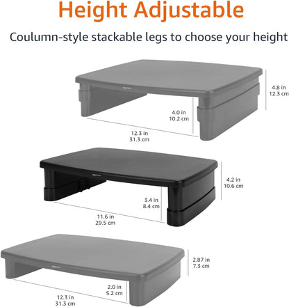 Height Adjustable Monitor Stand Riser with Storage Organizer, Multifunctional Desk Accessories for Reduced Neck Strain - Fits Monitors, Laptops up to 22Lbs, Black