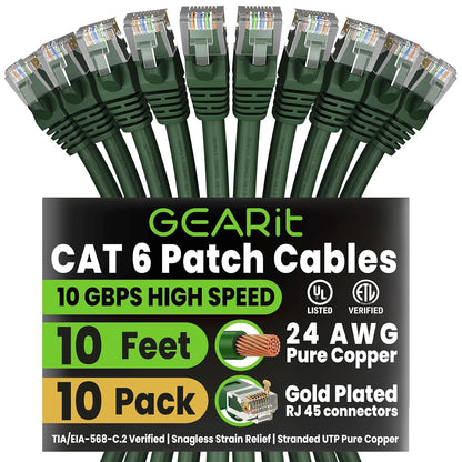 Cat 6 Ethernet Patch Cable 10 Ft Green (10 Pack) Cat6 Patch Cables 10Ft Green/Ethernet Patch Cable, 10Gbps 550Mhz 24AWG Pure Copper, Snagless, Gold Plated RJ45 for Router, Server, Router, PC